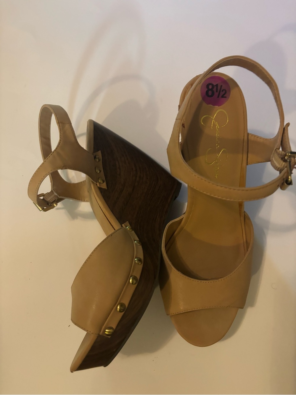Jessica Simpson Tan Wedge Sandals with Gold Studs